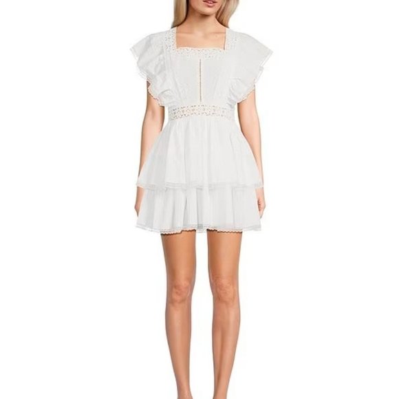 C&V Chelsea & Violet- Lace Square Neck Short Flutter Sleeve Tiered Mini Dress - Picture 1 of 9